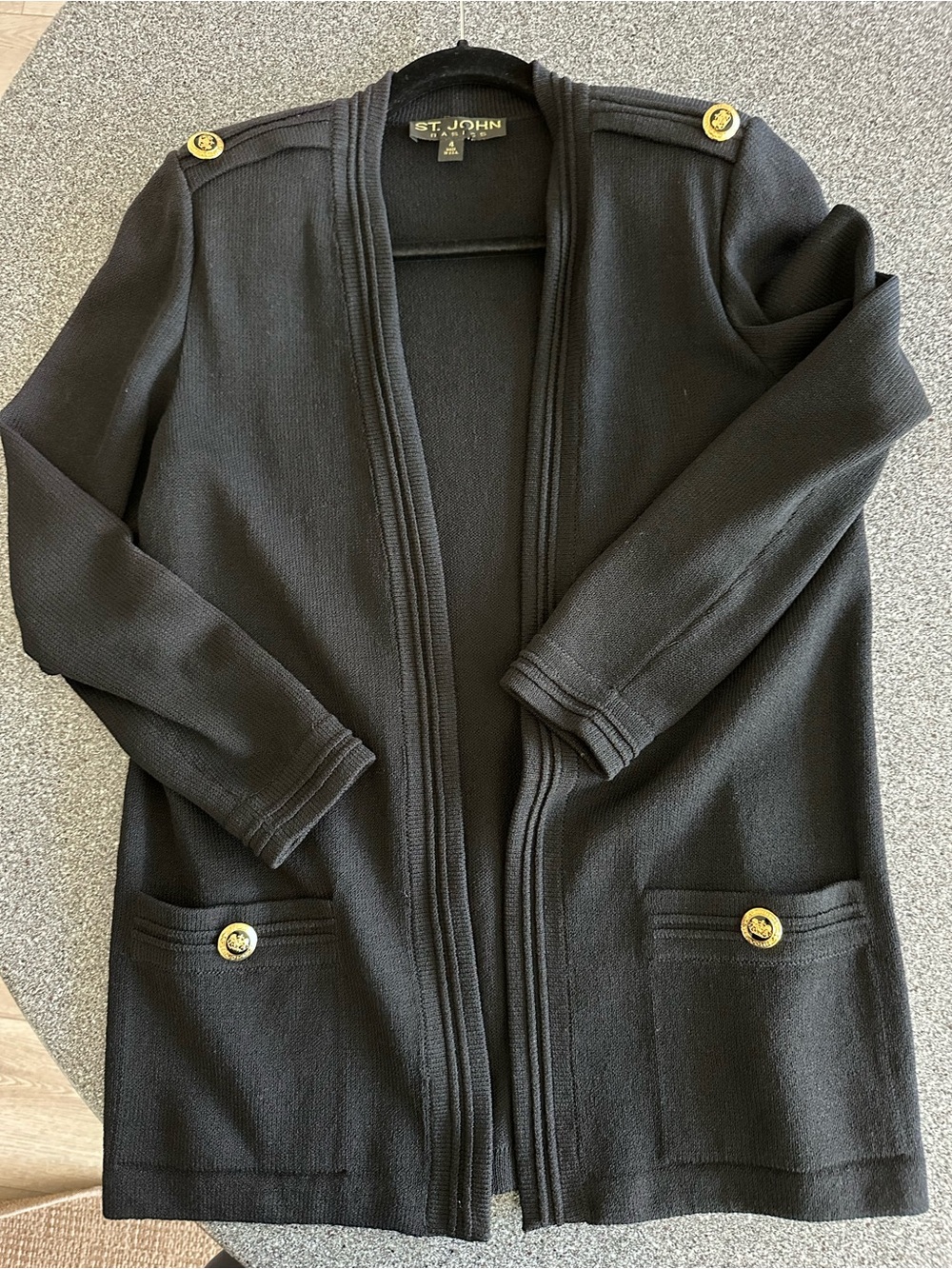 St. John Black Knit Open-Front Cardigan with Gold Accents - Picture 1 of 9